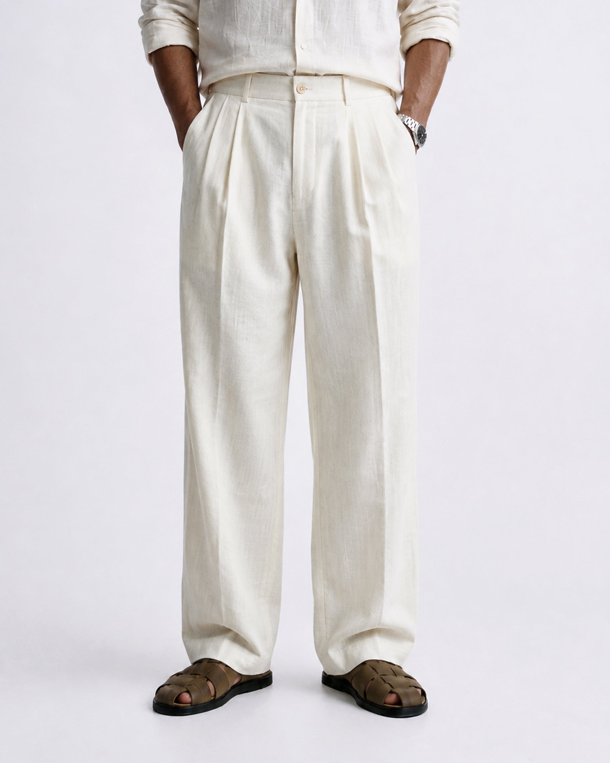 White Linen Relaxed Trousers